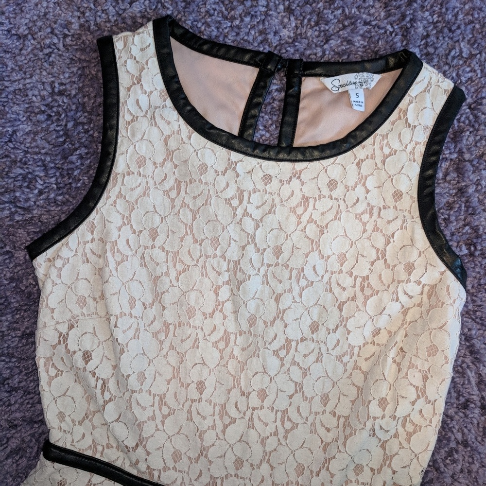 Cream Lace Dress with Faux Leather Details